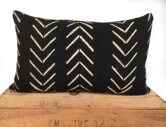 Mudcloth Throw Pillow Cover, Various Sizes Available,  Black with Cream Detail, Authentic Mud Cloth | 'Catherine'