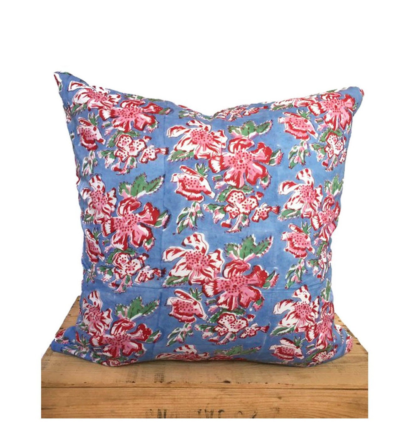 Indian Block Print Pillow Cover 20" Blue and Pink