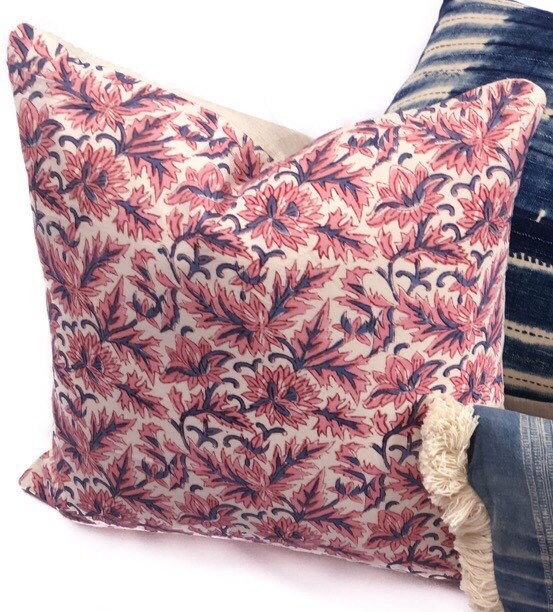 Indian Block Print Pillow Cover, 12"x20" Pink Lumbar