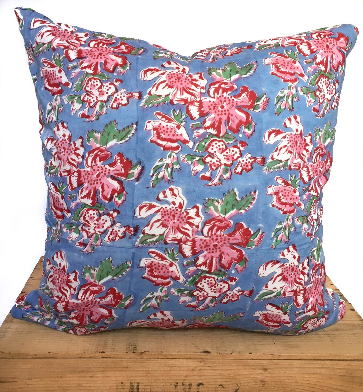 Indian Block Print Pillow Cover 20" Blue and Pink